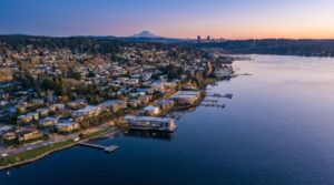 After drone shot of kirkland, wa and mt rainier