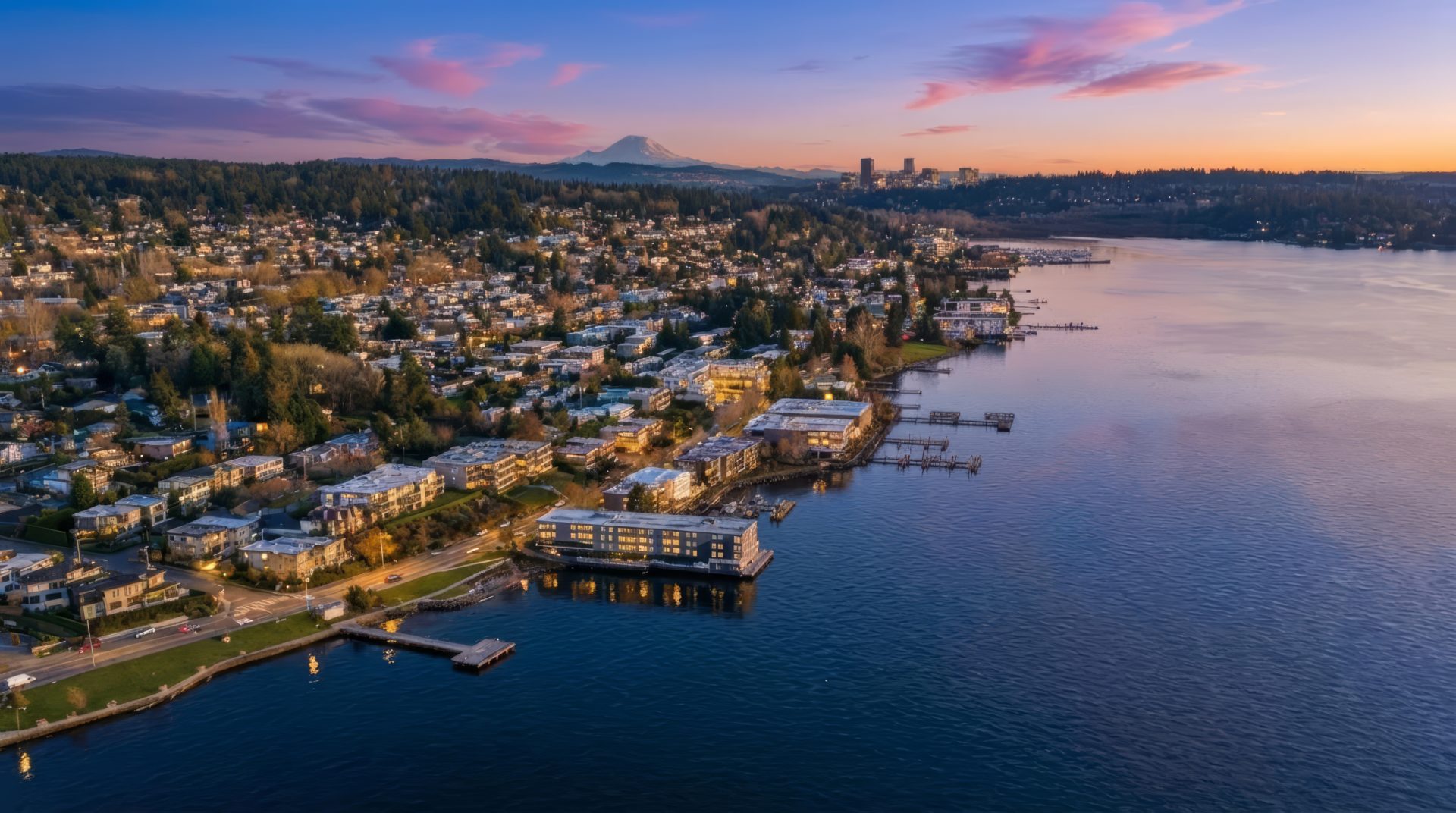 Kirkland WASHINGTON virtual twilight photo of lake washington, bellevue and mount rainier