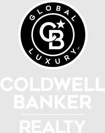 Circular Global Luxury logo in black and white above bold white 'COLDWELL BANKER REALTY' text on a light gray background.